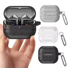 For Samsung Galaxy Buds 3 Pro Earphone Case With Climbing Buckle Cover Shockproof Dustproof TPU Carbon Fiber Texture Shell 