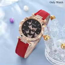 6/1pcs Set Women Watch Ring Necklace Earrings Bracelet Set Watches Butterfly Leather Strap Ladies Quartz WristWatch (No Box)