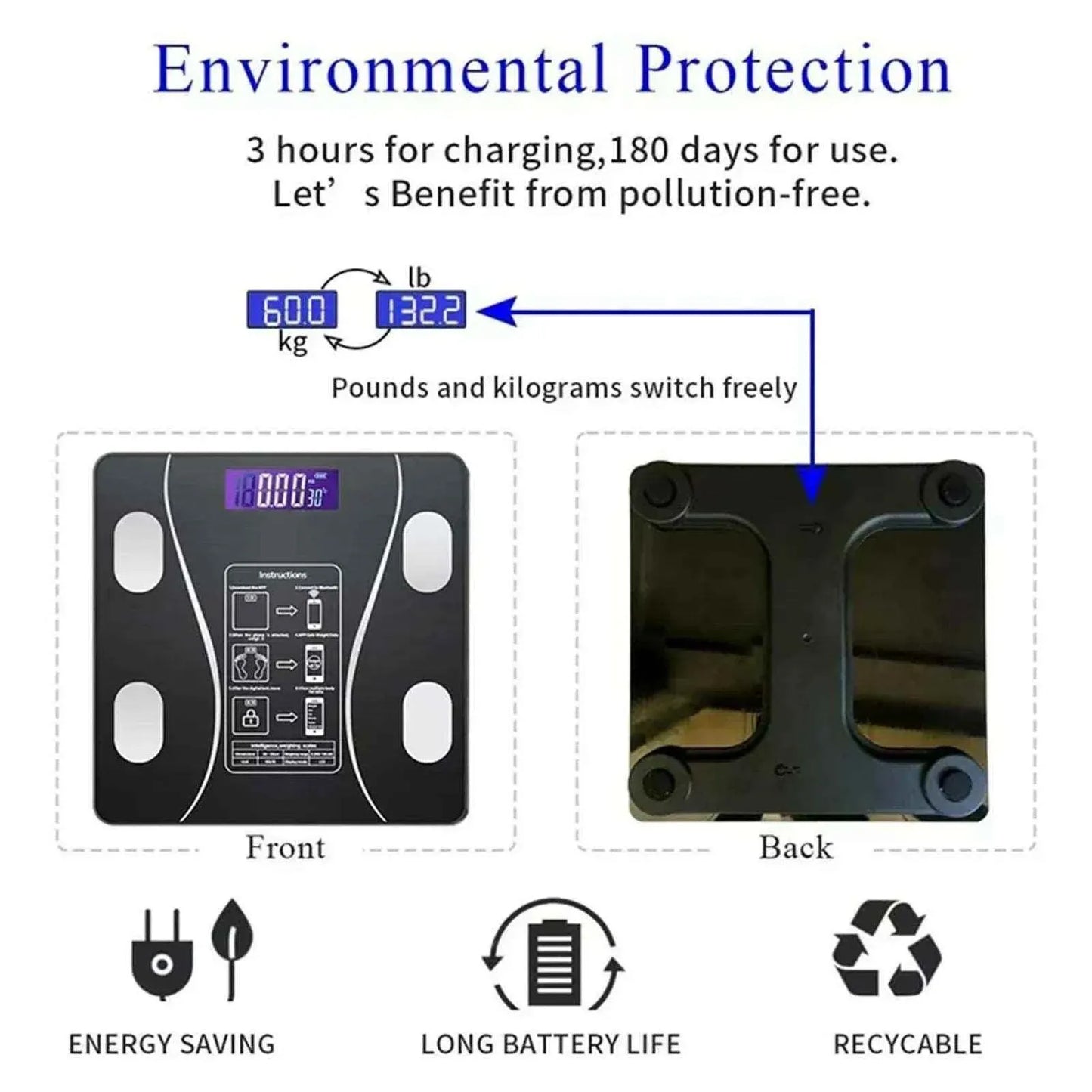 Smart Wireless Bluetooth Digital Weight Scale – Max 180kg, Precision D=50g, Body Weight Monitoring