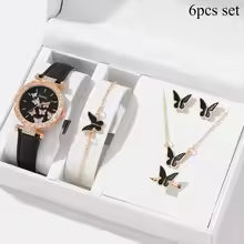 6/1pcs Set Women Watch Ring Necklace Earrings Bracelet Set Watches Butterfly Leather Strap Ladies Quartz WristWatch (No Box)