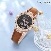 6/1pcs Set Women Watch Ring Necklace Earrings Bracelet Set Watches Butterfly Leather Strap Ladies Quartz WristWatch (No Box)