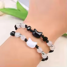 2pcs Natural Moonstone Obsidian Bracelets Couple Minimalist Bracelet Handmade Cute Black White Cat Bracelet Party Jewelry Gifts