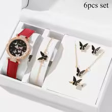 6/1pcs Set Women Watch Ring Necklace Earrings Bracelet Set Watches Butterfly Leather Strap Ladies Quartz WristWatch (No Box)