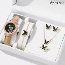 6/1pcs Set Women Watch Ring Necklace Earrings Bracelet Set Watches Butterfly Leather Strap Ladies Quartz WristWatch (No Box)
