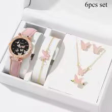 6/1pcs Set Women Watch Ring Necklace Earrings Bracelet Set Watches Butterfly Leather Strap Ladies Quartz WristWatch (No Box)