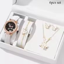 6/1pcs Set Women Watch Ring Necklace Earrings Bracelet Set Watches Butterfly Leather Strap Ladies Quartz WristWatch (No Box)