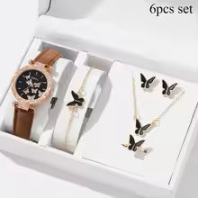 6/1pcs Set Women Watch Ring Necklace Earrings Bracelet Set Watches Butterfly Leather Strap Ladies Quartz WristWatch (No Box)