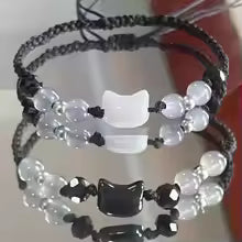 2pcs Natural Moonstone Obsidian Bracelets Couple Minimalist Bracelet Handmade Cute Black White Cat Bracelet Party Jewelry Gifts